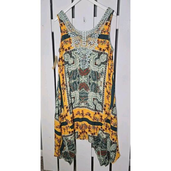 One World Sleeveless Yellow Floral V-Neck Handkerchief Dress Medium Boho - Picture 3 of 10